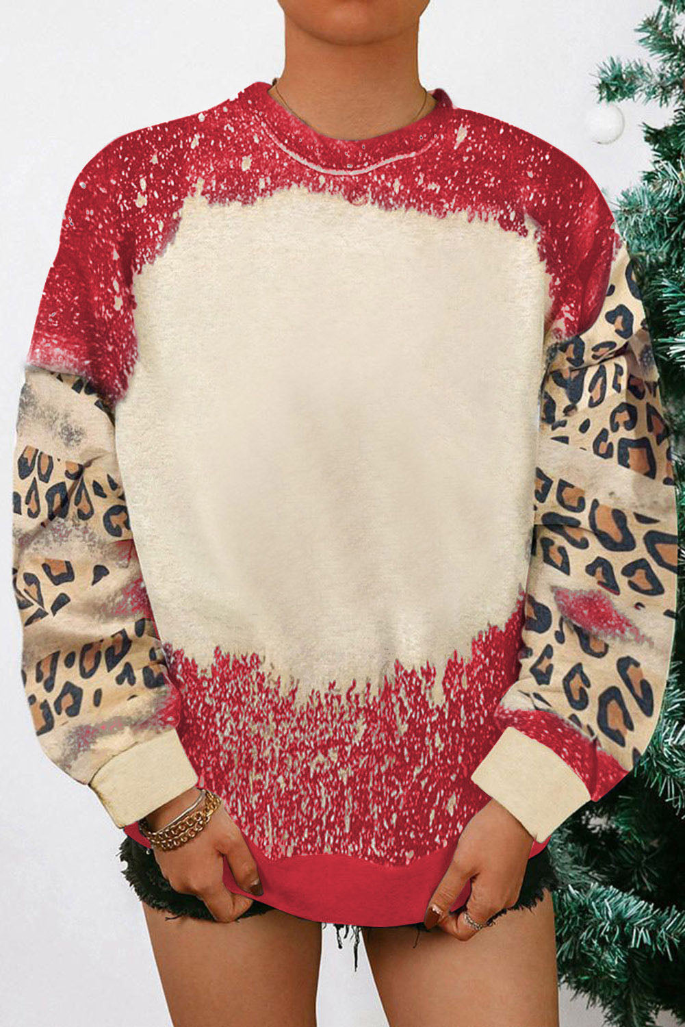 Red Tie Dye Leopard Drop Shoulder Sweatshirt Sweatshirts & Hoodies JT's Designer Fashion