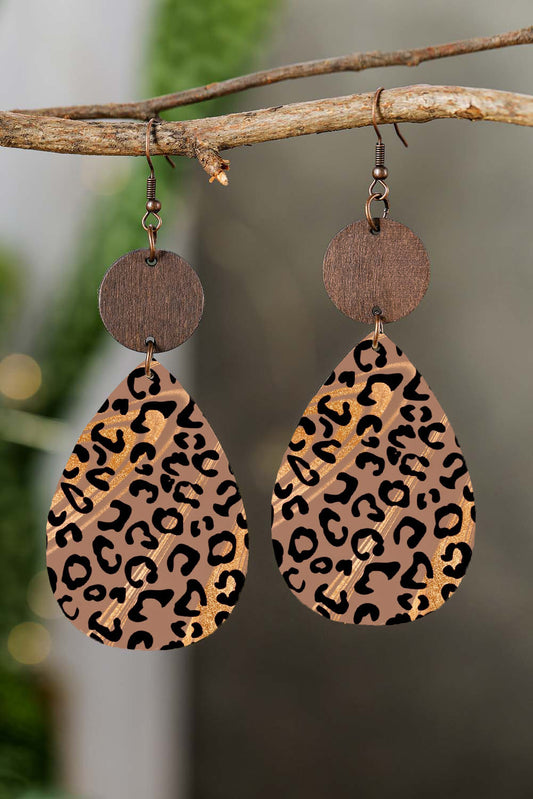 Chestnut Round Wood Leopard Print Drop Earrings Jewelry JT's Designer Fashion