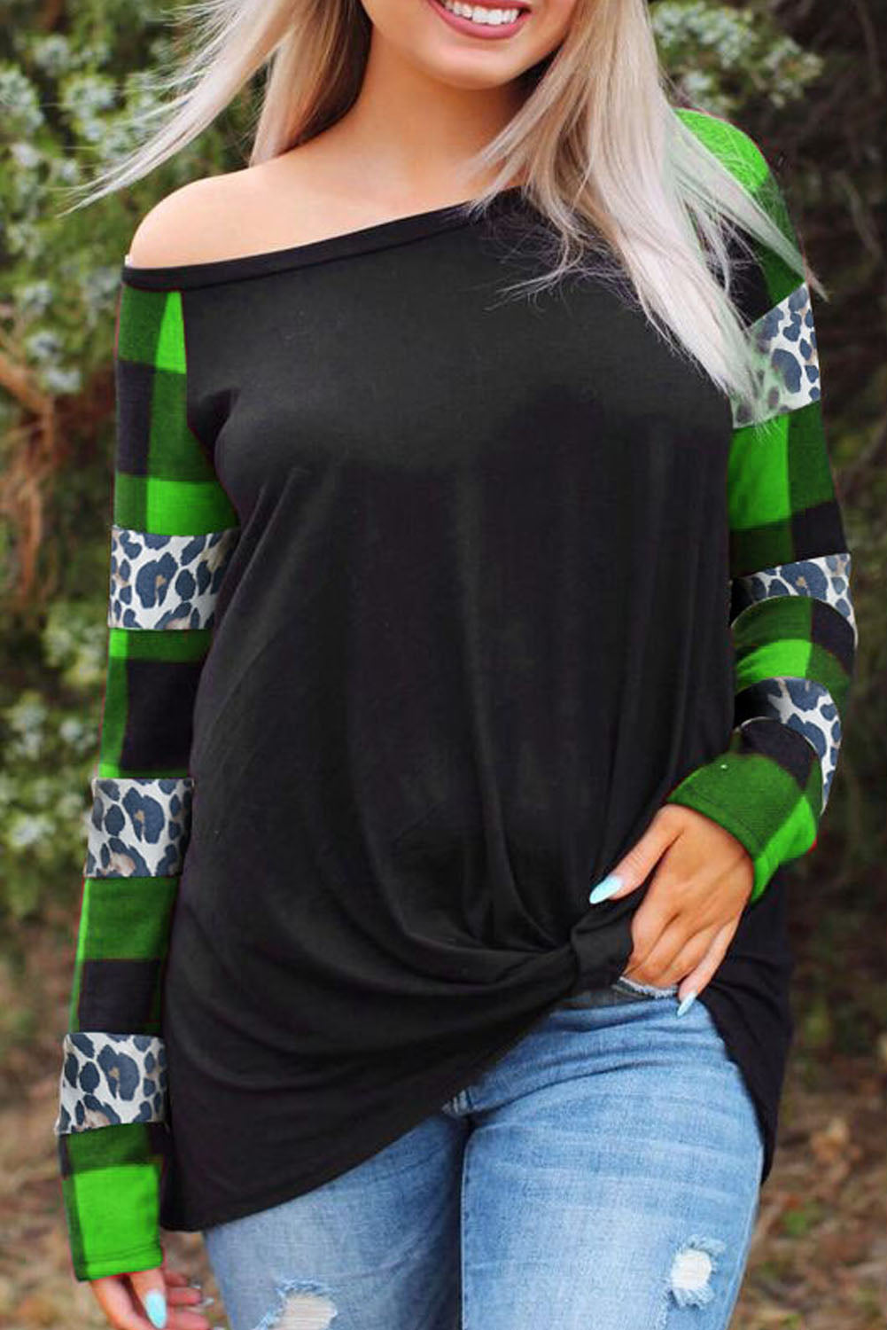 Green Off Shoulder Plaid&Leopard Print Long Sleeve Top Green 95%Polyester+5%Spandex Long Sleeve Tops JT's Designer Fashion