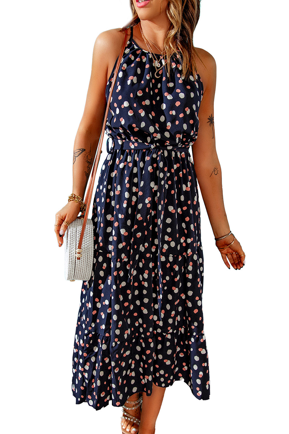 Blue Polka Dot Print Spaghetti Straps Maxi Dress Maxi Dresses JT's Designer Fashion