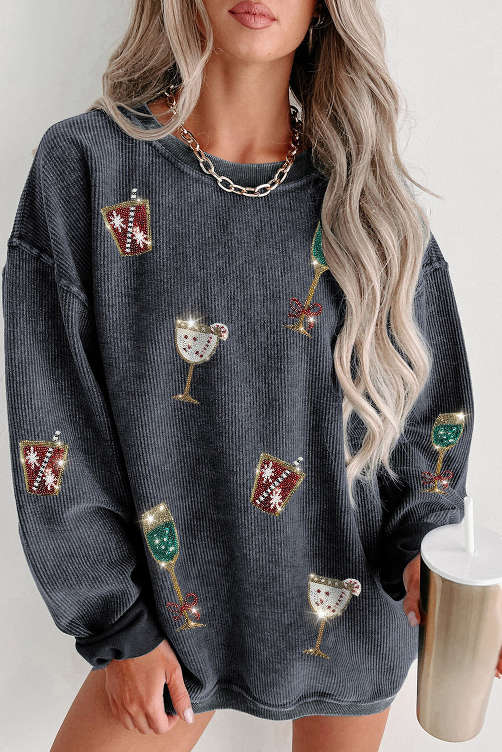 Gray Glitter Drinks Christmas Graphic Corded Sweatshirt Gray 100%Polyester Graphic Sweatshirts JT's Designer Fashion