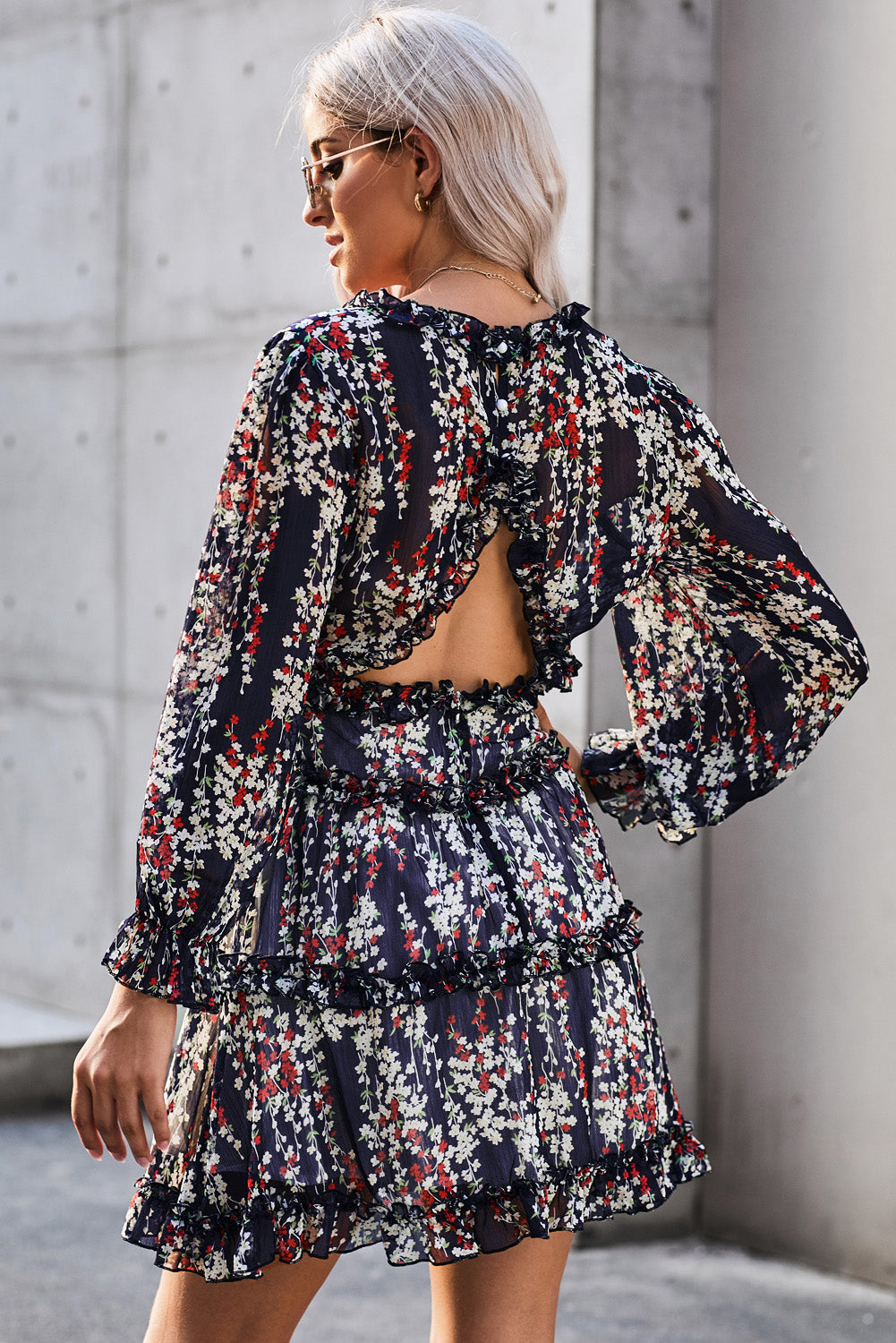 Blue Ruffle Detailing Open Back Floral Dress Floral Dresses JT's Designer Fashion
