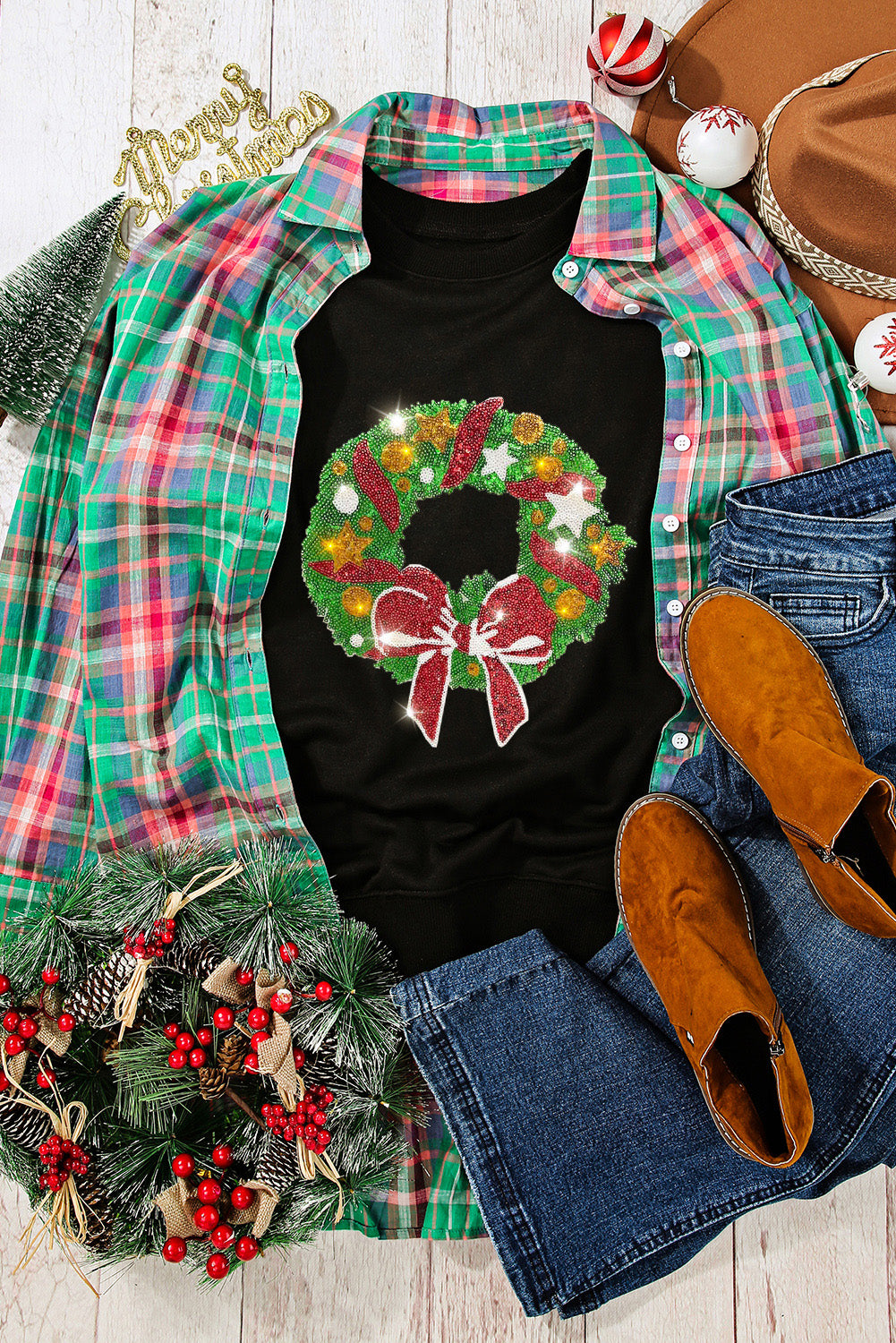 Black Christmas Wreath Print Crew Neck Pullover Sweatshirt Black 70%Polyester+30%Cotton Graphic Sweatshirts JT's Designer Fashion