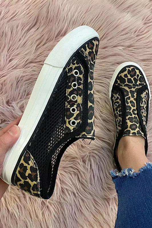 Black Leopard Mesh Patchwork Slip On Canvas Shoes Women's Shoes JT's Designer Fashion