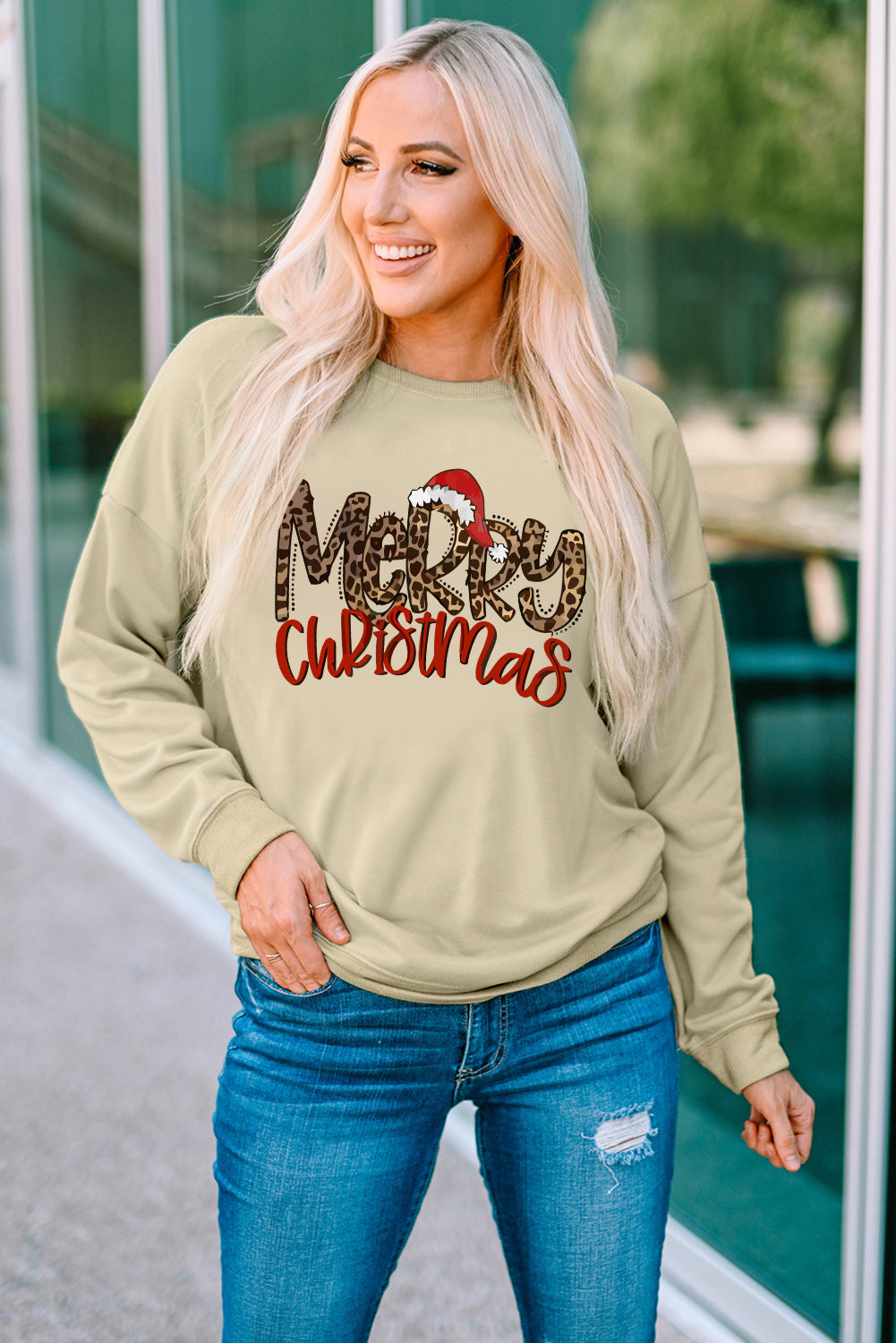 Khaki Merry Christmas Hat Leopard Print Graphic Sweatshirt Graphic Sweatshirts JT's Designer Fashion