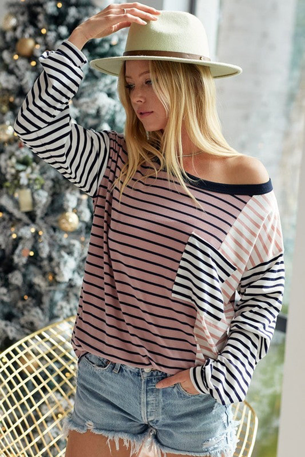 Striped Patchwork Pocketed Long Sleeve Top Long Sleeve Tops JT's Designer Fashion