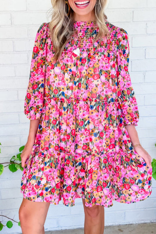 Printed 3/4 Sleeve Smocked Tiered Floral Dress Dresses JT's Designer Fashion