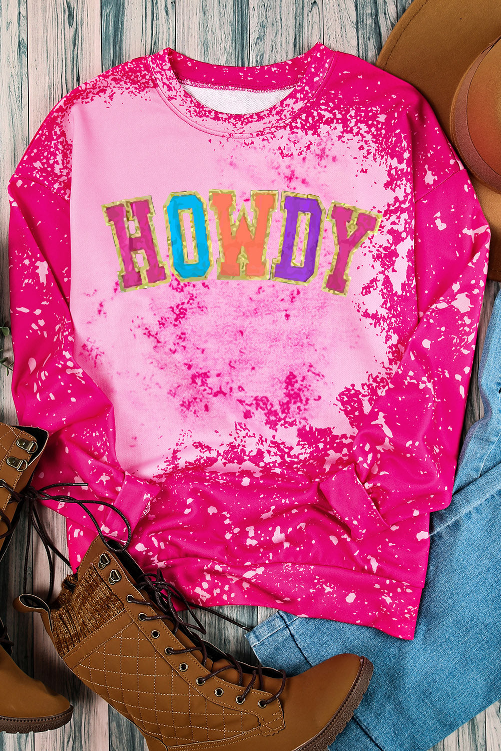Rose Glitter HOWDY Graphic Western Tie Dye Sweatshirt Graphic Sweatshirts JT's Designer Fashion