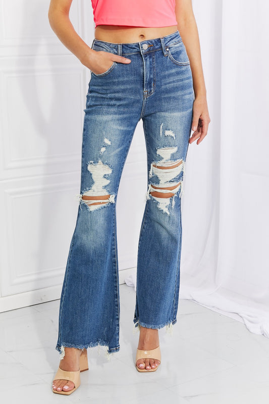 RISEN Full Size Hazel High Rise Distressed Flare Jeans Dark Jeans JT's Designer Fashion