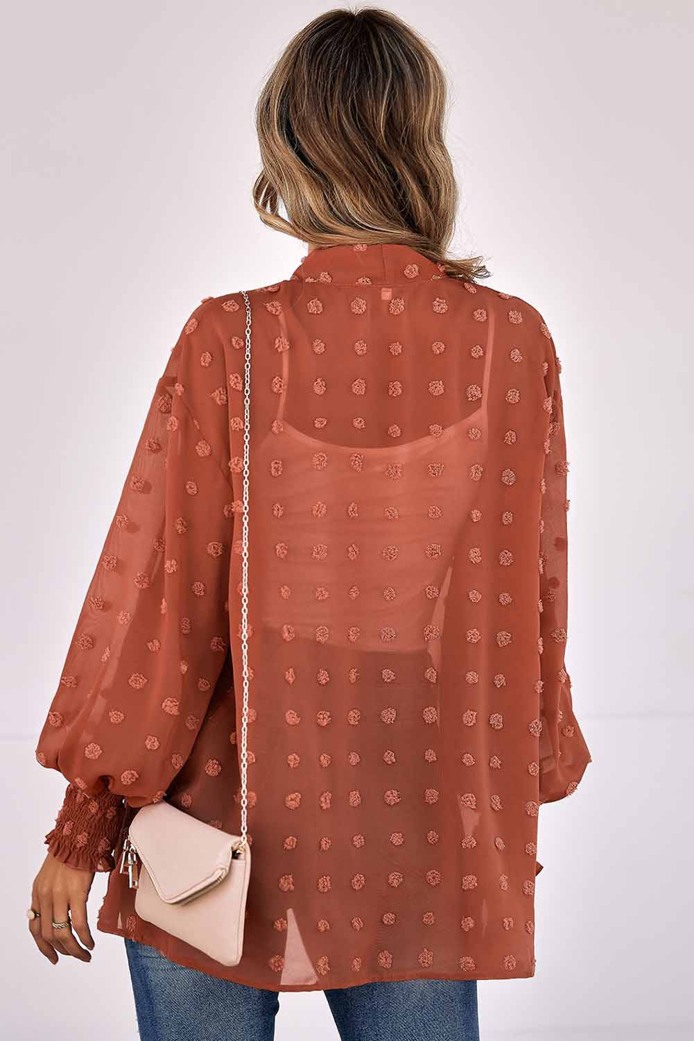 Swiss Dot Shirred Cuff Open Front Cardigan Kimonos JT's Designer Fashion