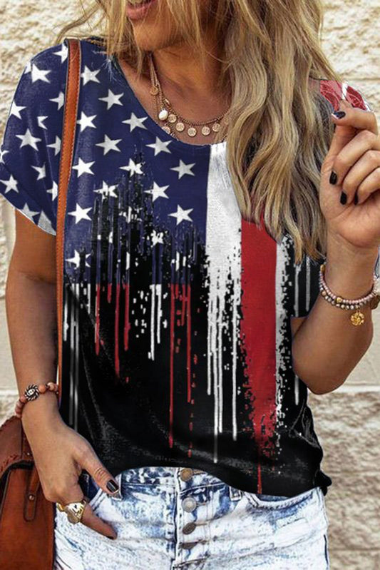 Multicolor America Flag Inspired Round Neck Loose T-Shirt Tops & Tees JT's Designer Fashion
