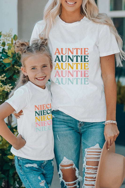 White Family Matching AUNTIE Letter Print Short Sleeve T Shirt White 95%Cotton+5%Elastane Family T-shirts JT's Designer Fashion