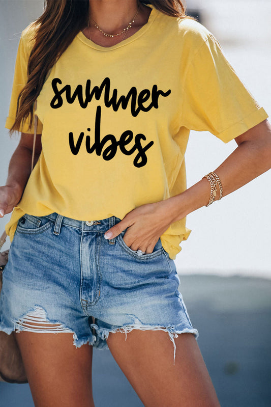 Yellow Summer Vibes Print Loose T Shirt Yellow 95%Polyester+5%Spandex Graphic Tees JT's Designer Fashion
