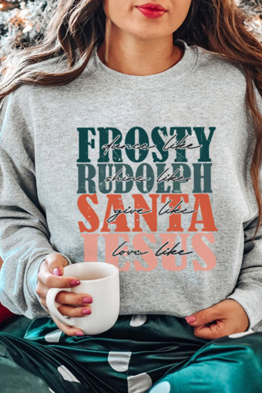Gray Frosty Rudolph Santa Jesus Graphic Long Sleeve Sweatshirt Gray 70%Polyester+30%Cotton Graphic Sweatshirts JT's Designer Fashion