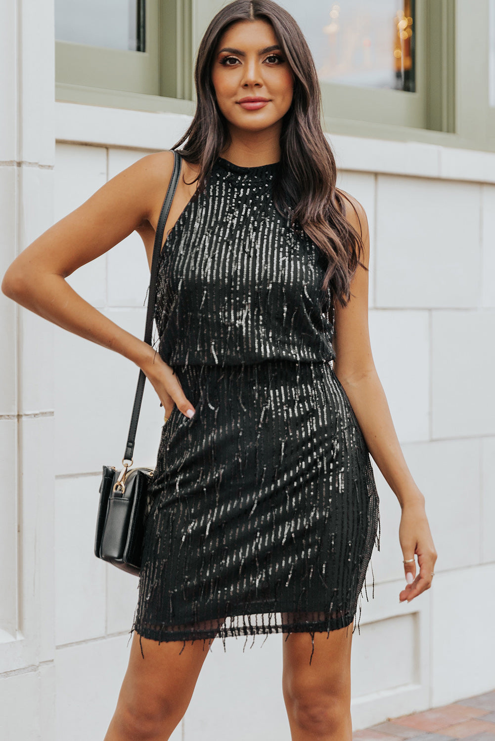 Black Sequined Fringed Mini Dress Sequin Dresses JT's Designer Fashion