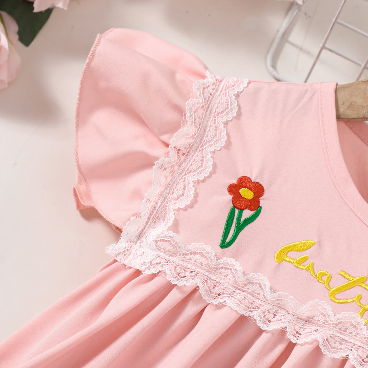 Girls Embroidered Lace Trim Round Neck Dress Girls Dresses JT's Designer Fashion