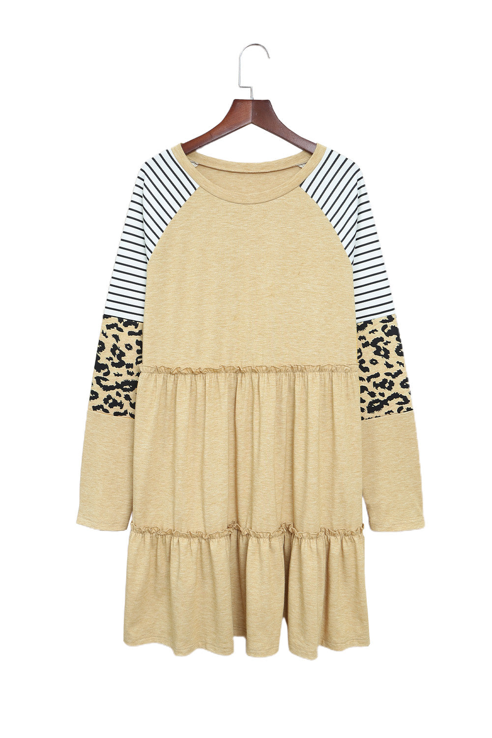 Khaki Striped Leopard Patchwork Long Sleeve Mini Dress Mini Dresses JT's Designer Fashion