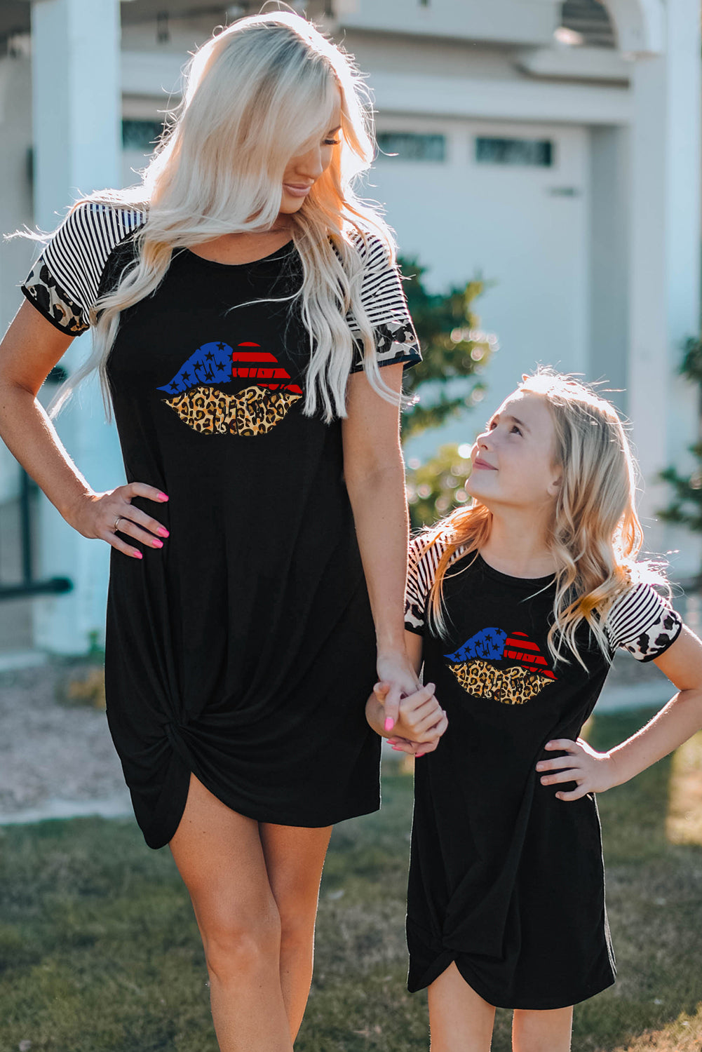 Black American Flag Leopard Lip Print Kids T Shirt Dress Black 95%Polyester+5%Spandex Family Dress JT's Designer Fashion