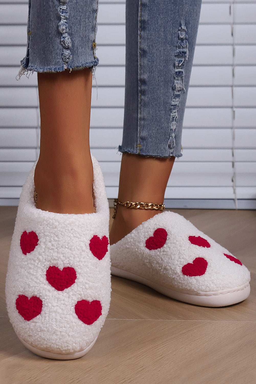 White Valentines Day Hearts Print Plush House Slippers Slippers JT's Designer Fashion