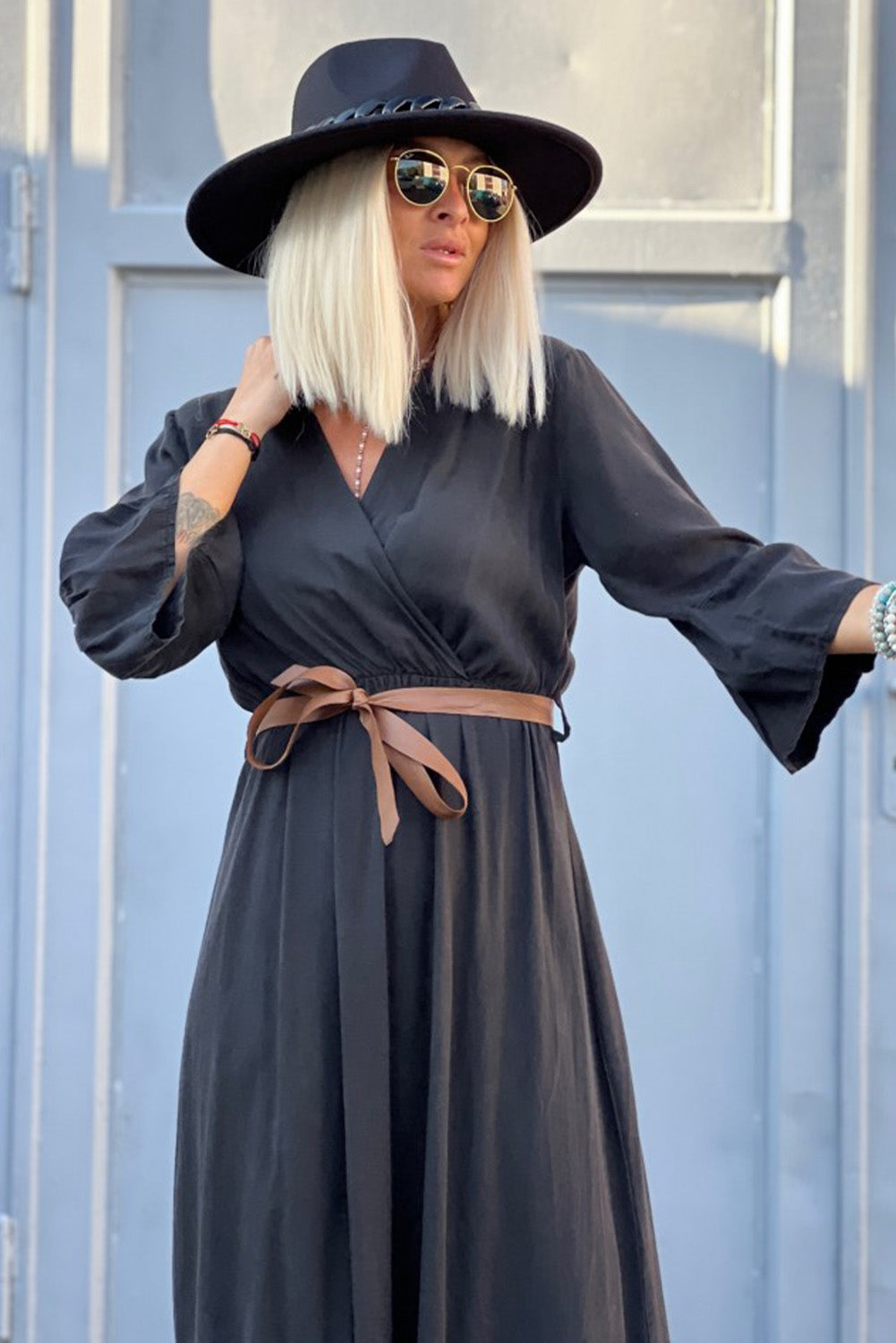Black Ruffle Splice Wrap V Neck Empire Dress Maxi Dresses JT's Designer Fashion