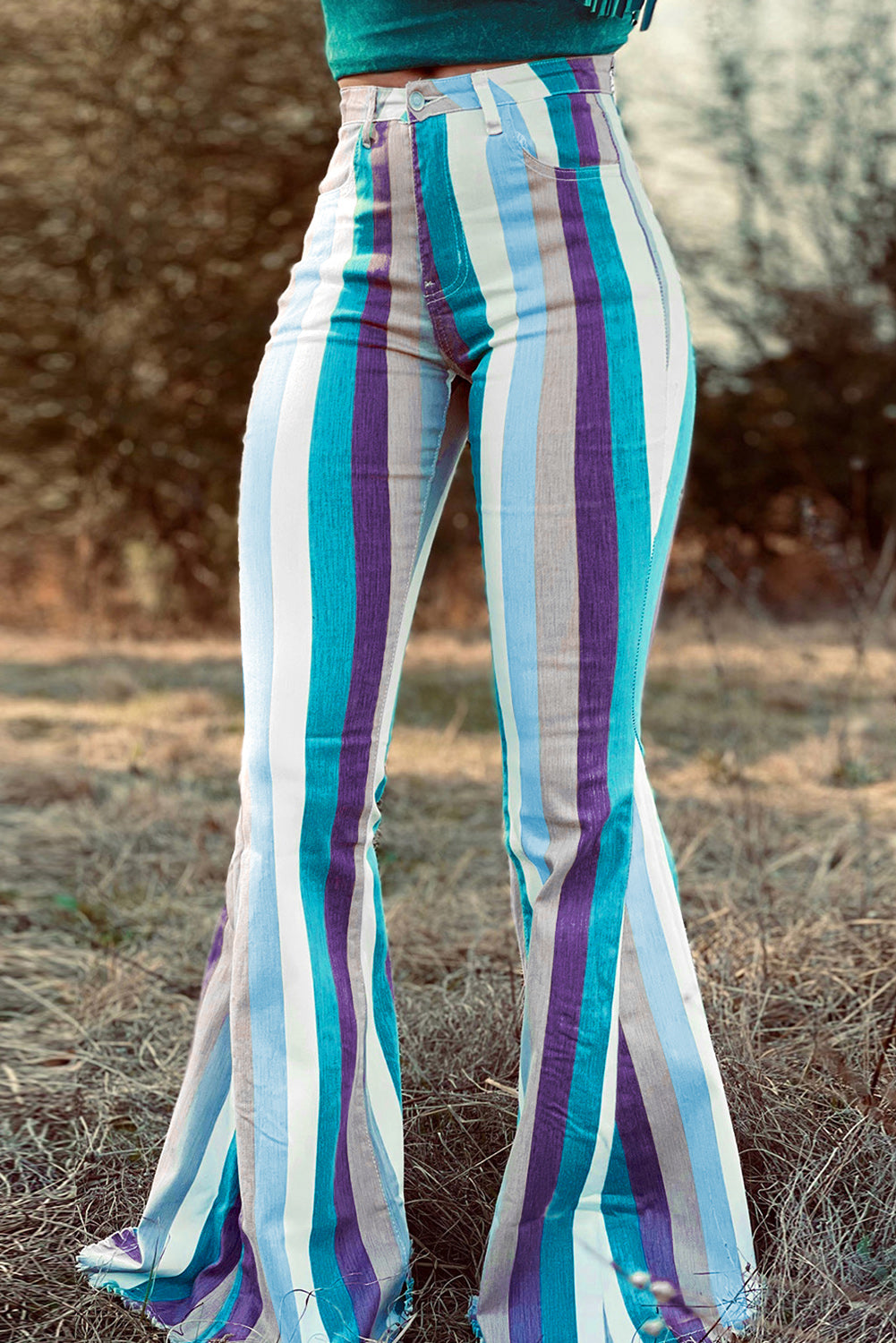 Multicolor Striped Frayed Edge Flare Jeans Jeans JT's Designer Fashion