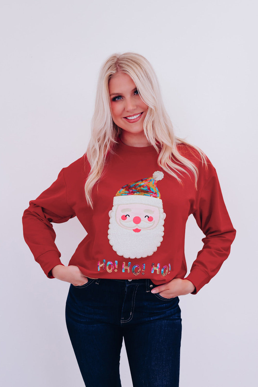 Fiery Red HO HO HO Sequined Santa Claus Sweatshirt Graphic Sweatshirts JT's Designer Fashion