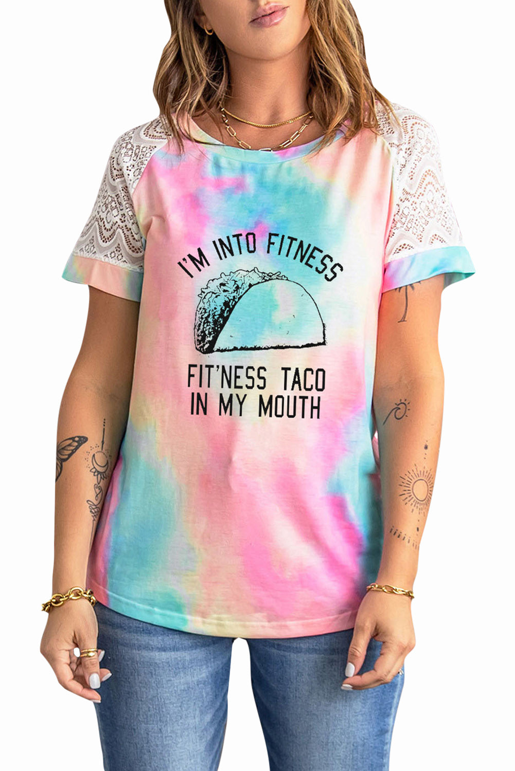 Multicolor Fitness Taco in My Mouth Graphic Tie Dye Lace Sleeve T-Shirt Graphic Tees JT's Designer Fashion
