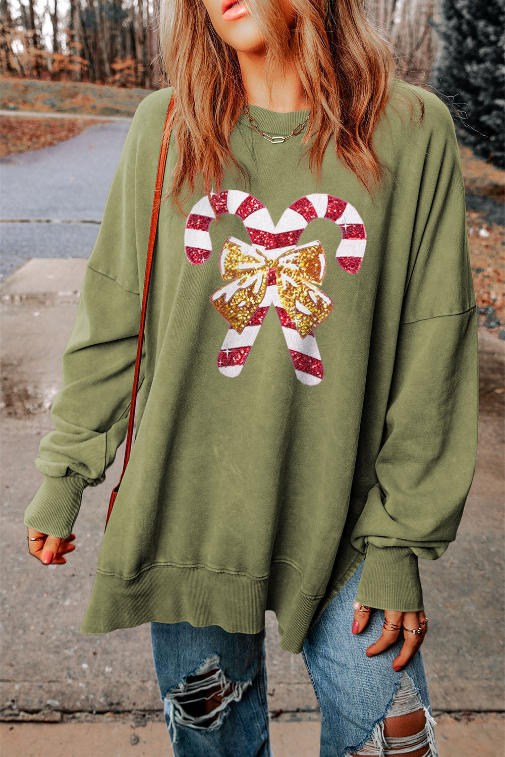 Green Christmas Cane Bow Knot Sequin Print Pullover Sweatshirt Green 75%Polyester+25%Cotton Graphic Sweatshirts JT's Designer Fashion
