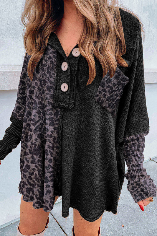 Black Leopard Patchwork Waffle Knit Buttoned Blouse Blouses & Shirts JT's Designer Fashion