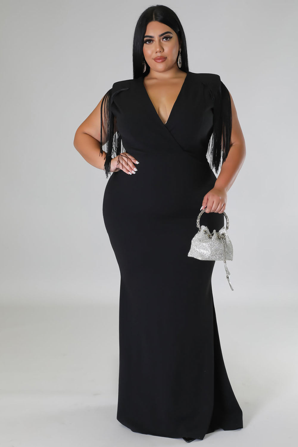 Black Plus Size Surplice V Neck Fringe Formal Maxi Dress Plus Size Dresses JT's Designer Fashion