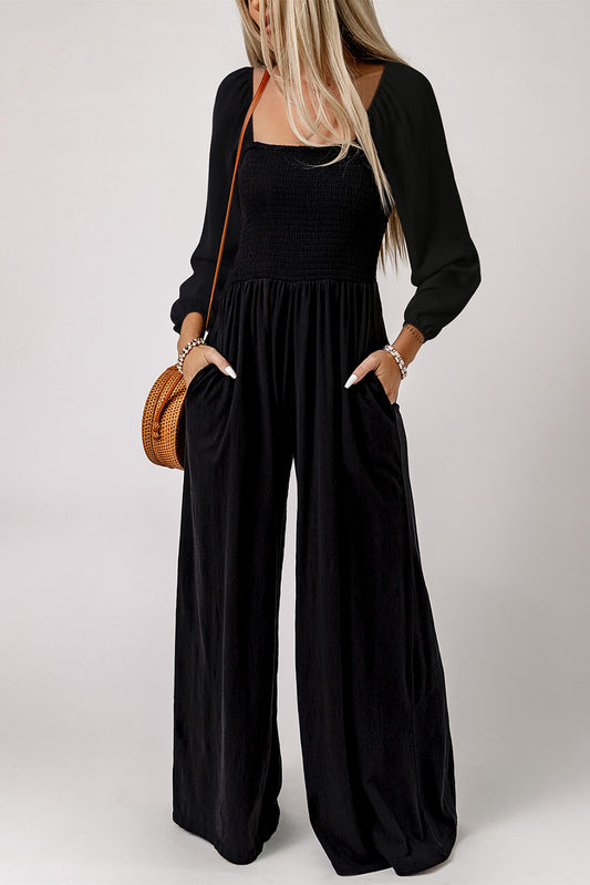 Black Smocked Square Neck Long Sleeve Wide Leg Jumpsuit Black 1-2-2-2 100%Polyester Jumpsuits & Rompers JT's Designer Fashion