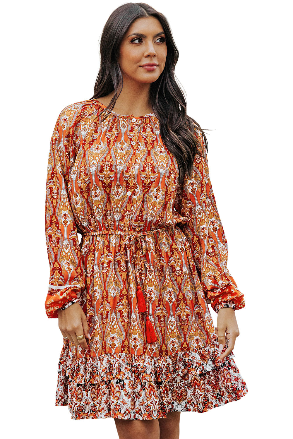 Orange Western Pattern Print Lantern Sleeve Drawstring Mini Dress Mini Dresses JT's Designer Fashion