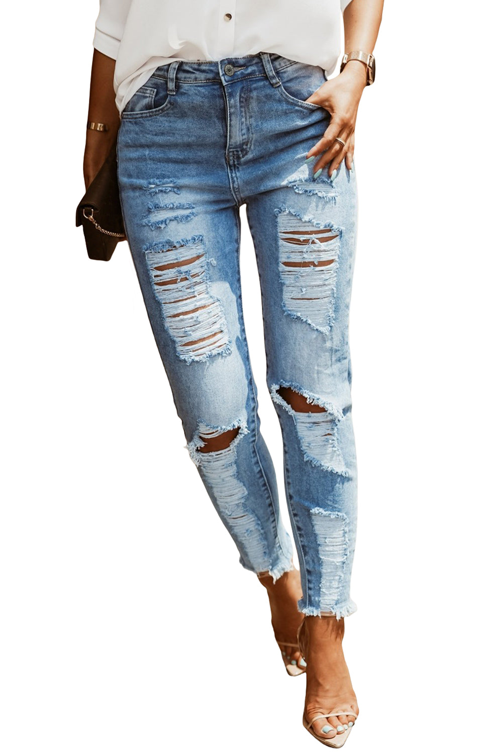 Sky Blue Distressed Straight Leg High Waist Jeans Jeans JT's Designer Fashion