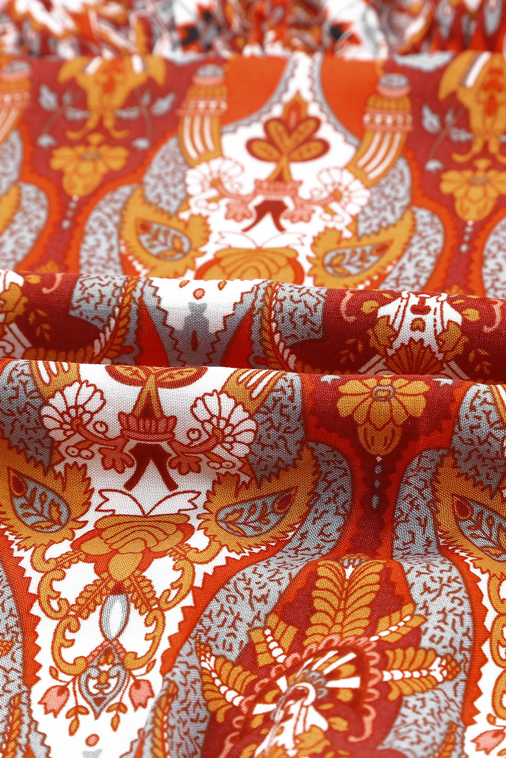 Orange Western Pattern Print Lantern Sleeve Drawstring Mini Dress Mini Dresses JT's Designer Fashion