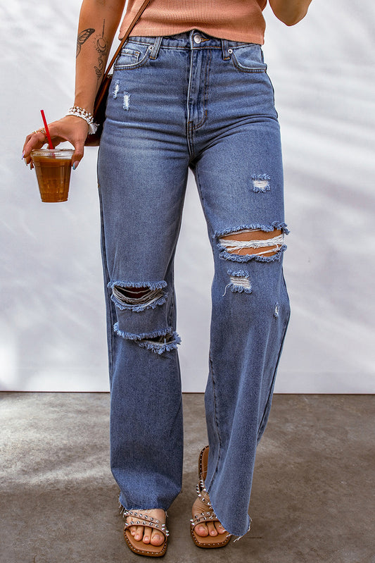 Blue Distressed High Waist Straight Leg Jeans Jeans JT's Designer Fashion