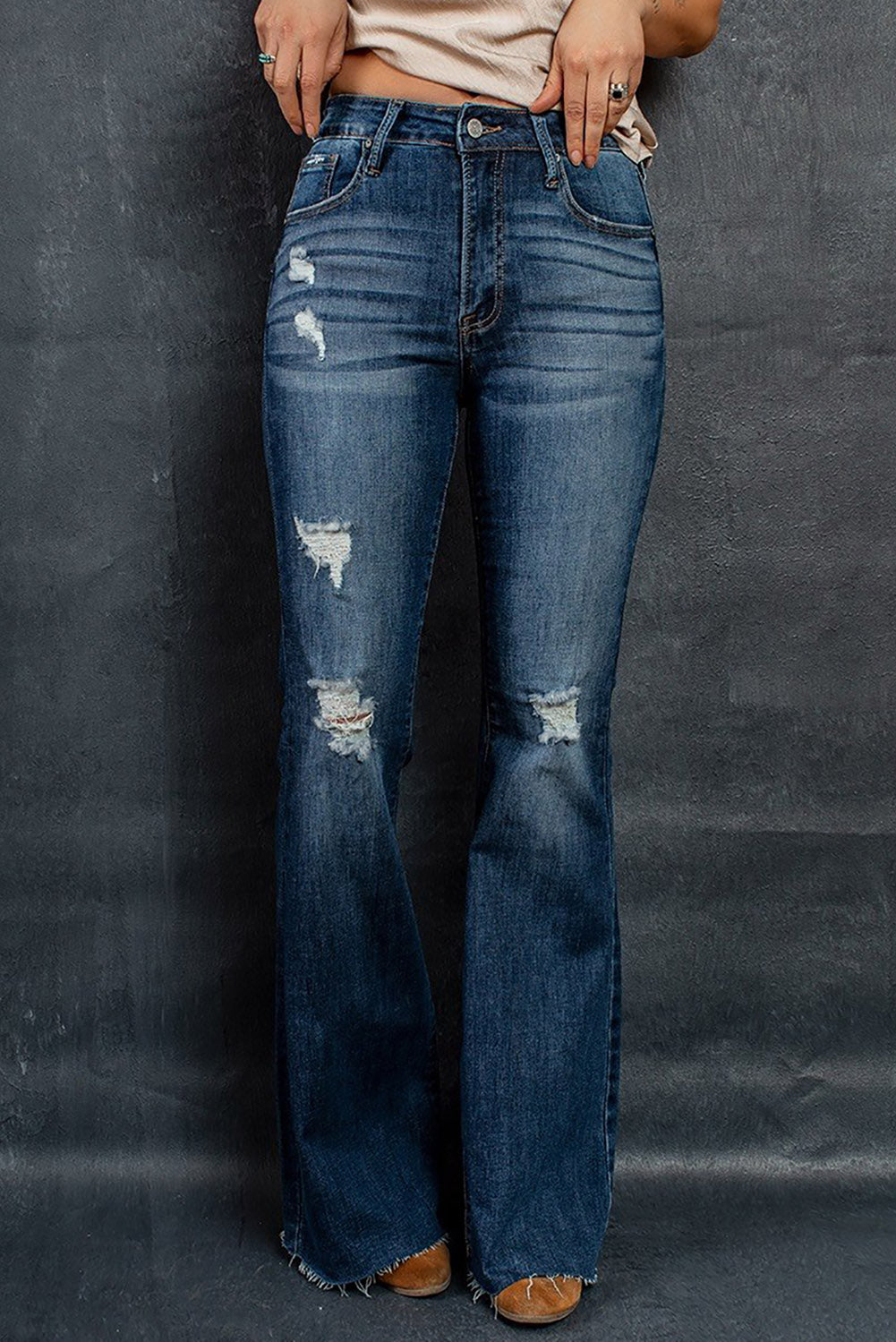 Dark Wash Mid Rise Flare Jeans Blue 85%Cotton+10%Polyester+5%Elastane Jeans JT's Designer Fashion