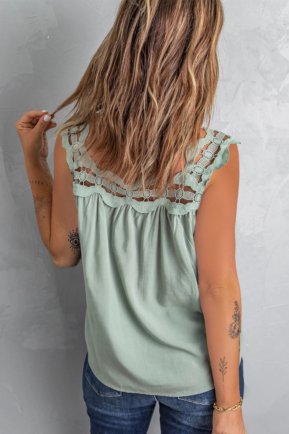 Green Contrast Lace Ruched Cut-out Sleeveless Top Tank Tops JT's Designer Fashion