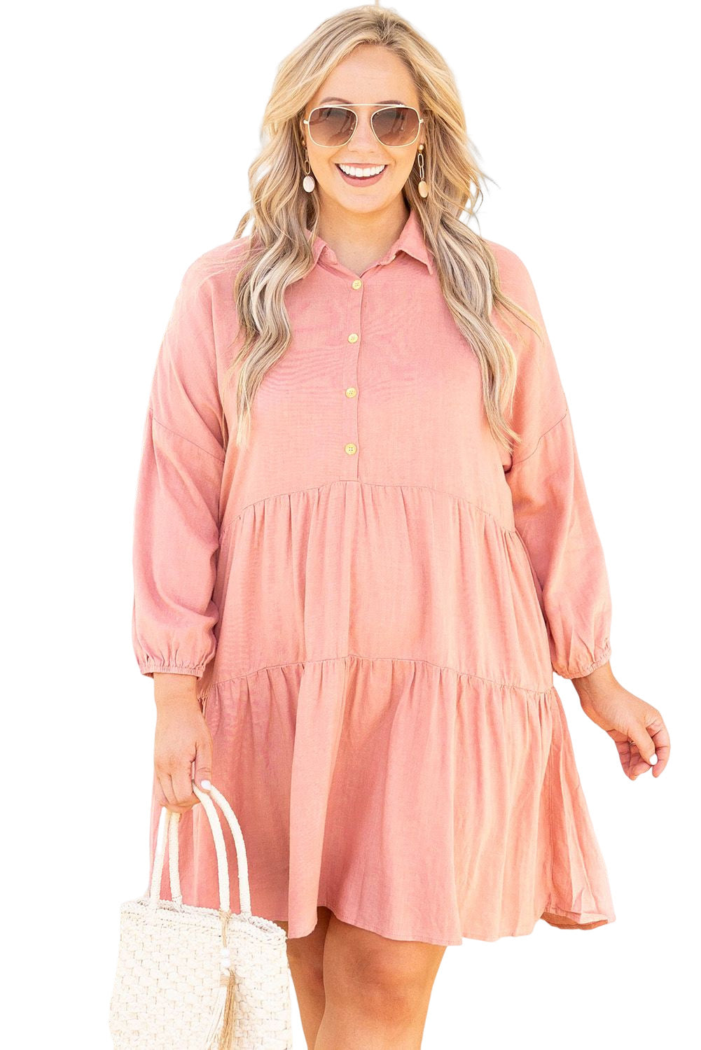 Pink Plus Size Shirt Buttoned Style Puff Sleeve Dress Plus Size Dresses JT's Designer Fashion