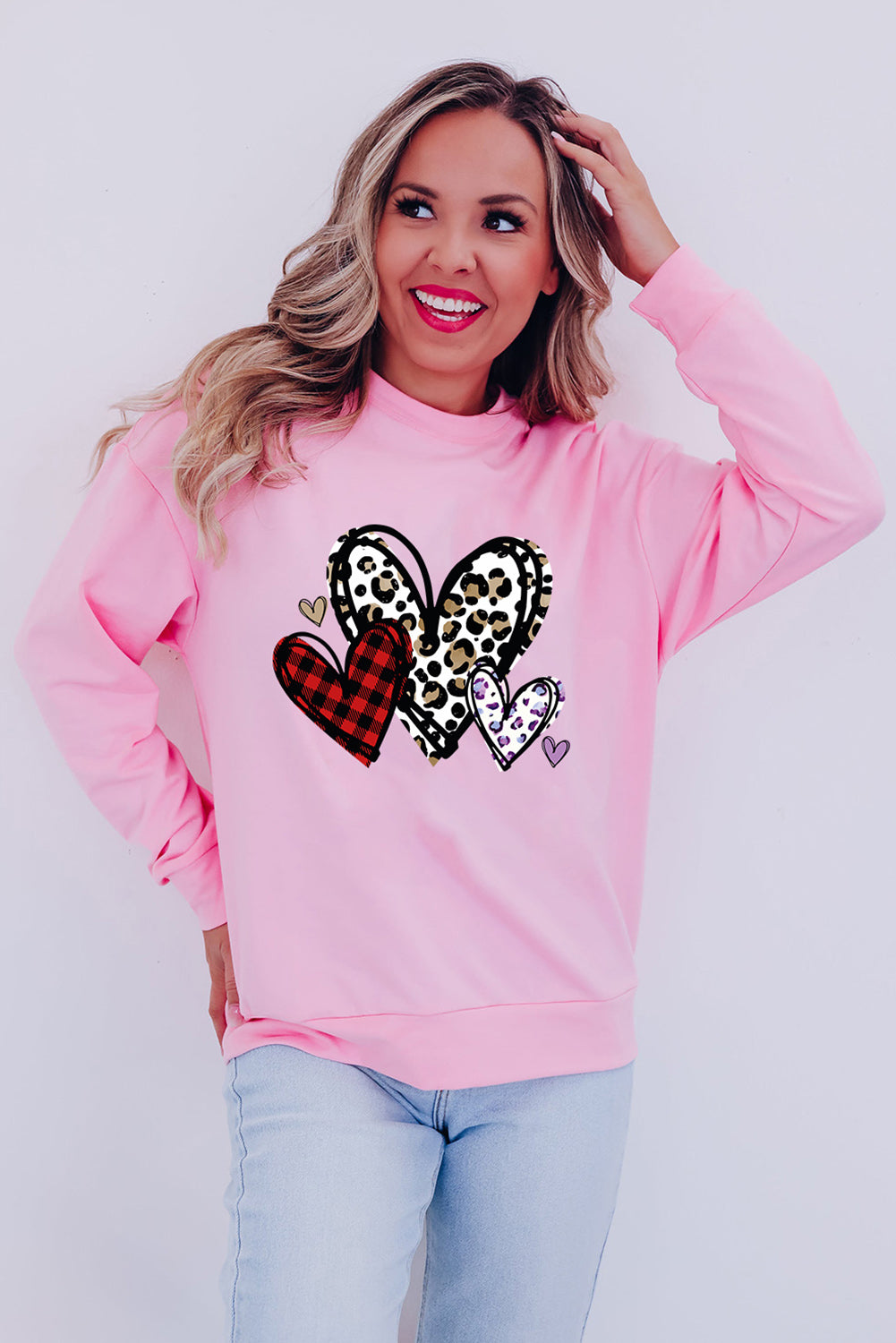 Pink Heart Shaped Plaid Leopard Print Crew Neck Sweatshirt Graphic Sweatshirts JT's Designer Fashion