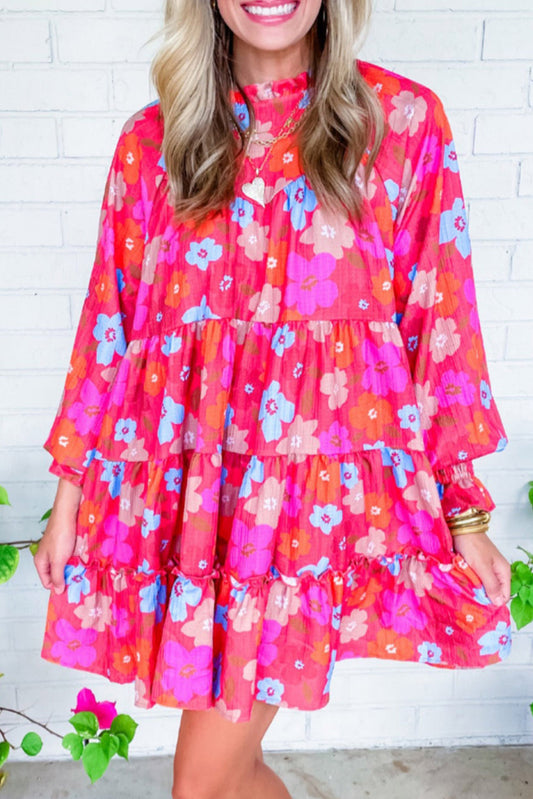 Multicolour Floral Bishop Sleeve Buttoned Tiered Babydoll Dress Dresses JT's Designer Fashion