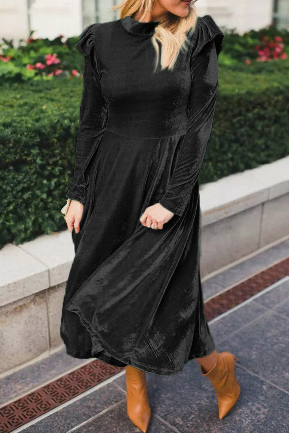 Black Frill Trim Long Sleeve Stand Neck Velvet Dress Dresses JT's Designer Fashion