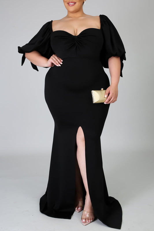 Black Bow Tie Puff Sleeve Plus Size High Slit Maxi Dress Black 95%Polyester+5%Elastane Plus Size Dresses JT's Designer Fashion