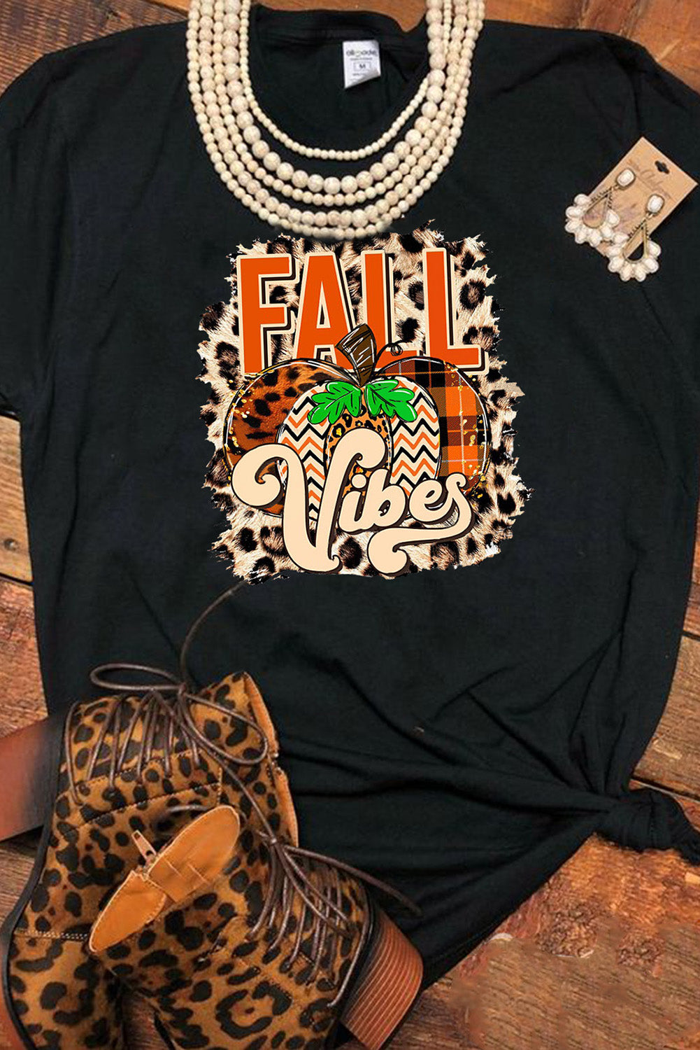 Black Leopard FALL Vibes Halloween Pumpkin Graphic Tee Graphic Tees JT's Designer Fashion