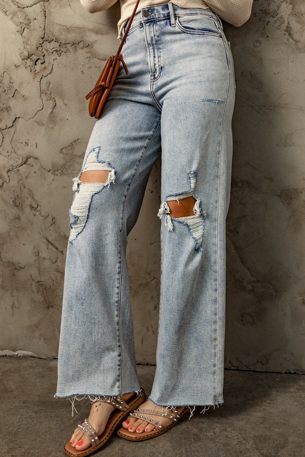 Sky Blue Distressed Frayed Hem Holed Straight Leg Loose Jeans Jeans JT's Designer Fashion