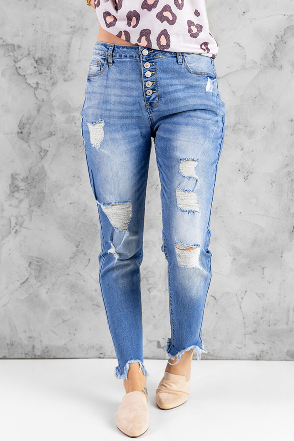 Sky Blue High Rise Button Front Frayed Ankle Skinny Jeans Jeans JT's Designer Fashion
