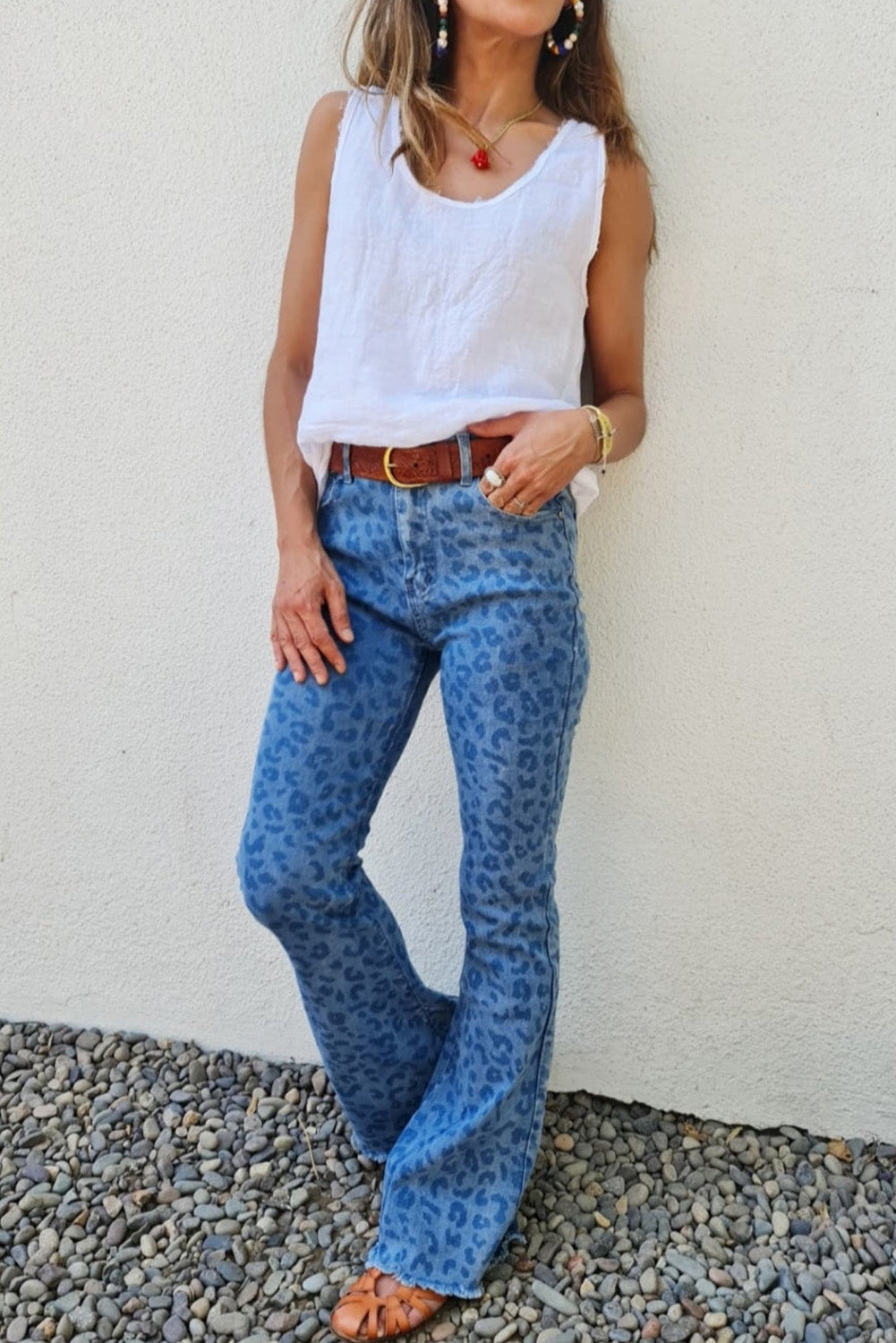 Sky Blue Leopard Print Raw Hem High Waist Flare Jeans Jeans JT's Designer Fashion