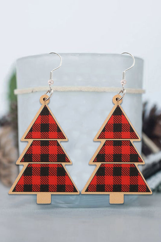 Red Plaid Christmas Tree Wooden Pendant Earrings Jewelry JT's Designer Fashion