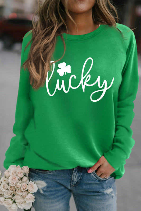 Green St. Patrick's Day Lucky Clover Print Graphic Sweatshirt Green Graphic Sweatshirts JT's Designer Fashion