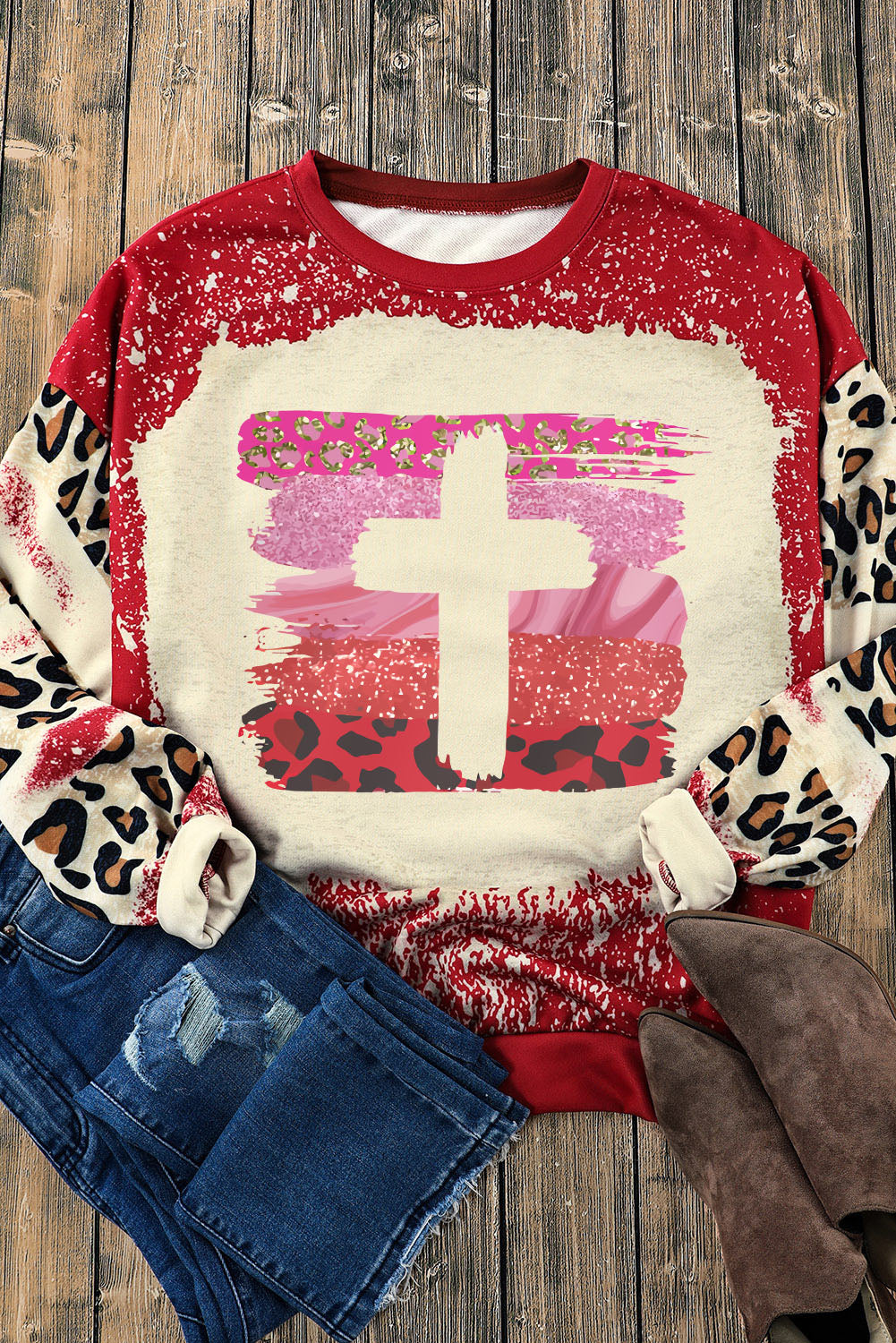 Red Diverse Brushstroke Cross Graphic Leopard Tie Dye Sweatshirt Graphic Sweatshirts JT's Designer Fashion