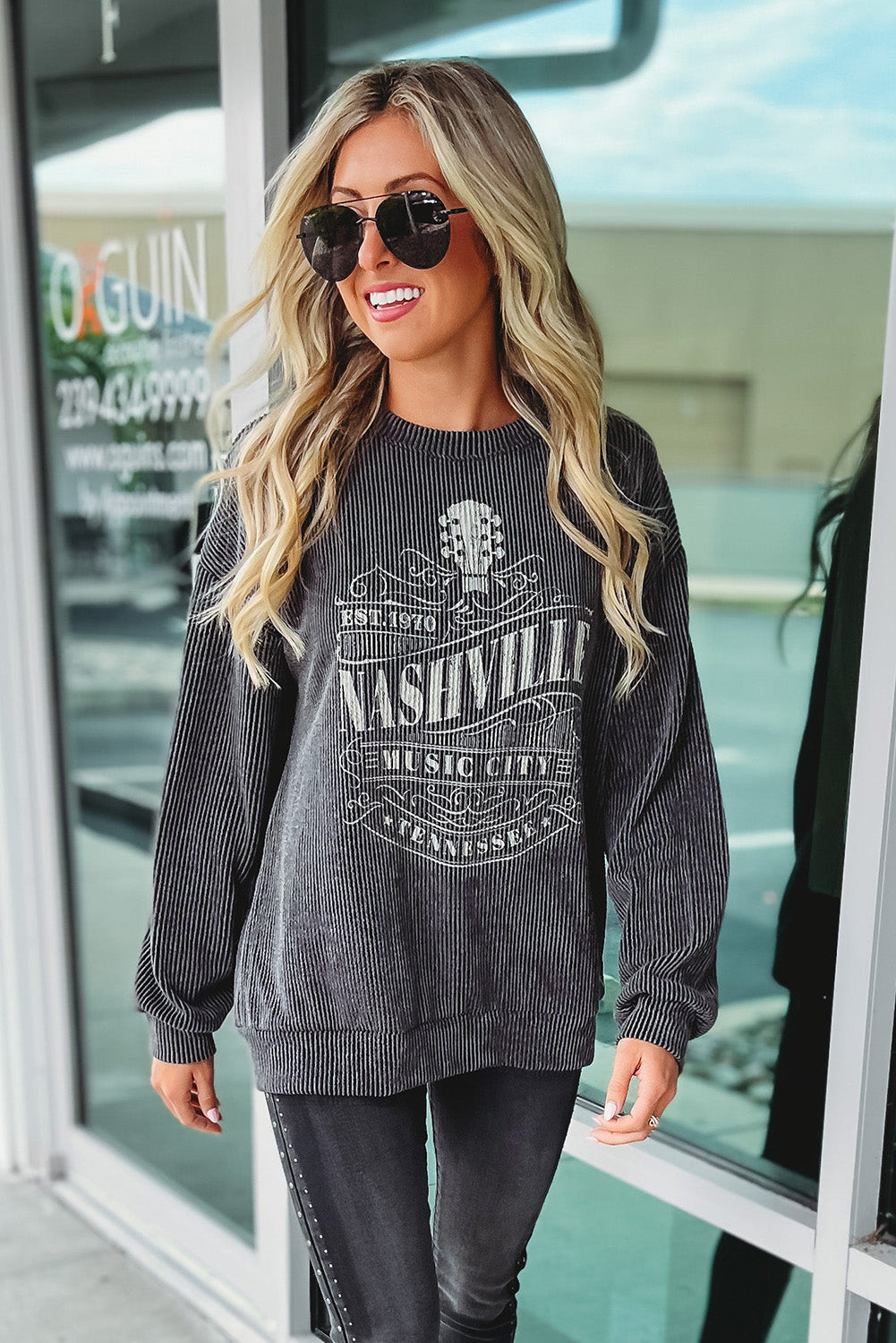 Black NASHVILLE MUSIC CITY Corded Graphic Sweatshirt Pre Order Sweatshirts & Hoodies JT's Designer Fashion
